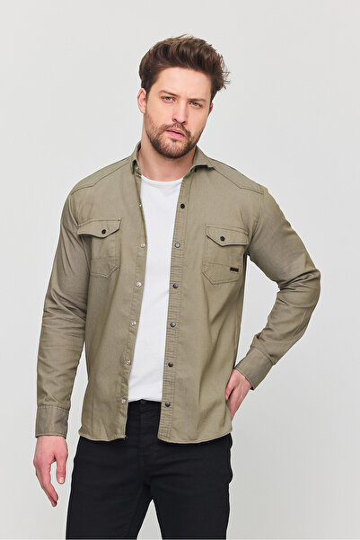 YXC Trend Maker Slim Fit Dar Kalıp Kot Gömlek Açık Haki