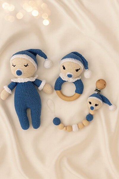 Jaju Baby Amigurumi Emzikli Bebek 22 Cm Çıngırak Ve Emzik Zinciri Üçlü Set