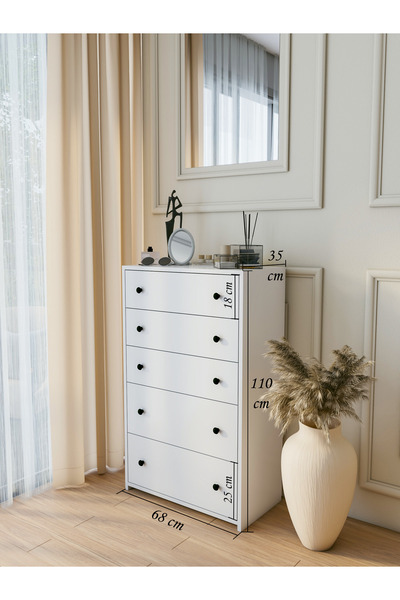 MONTENERO Şifonyer Parlak Beyaz 5 Çekmeceli Geniş Hacimli Şifonyer Komodin