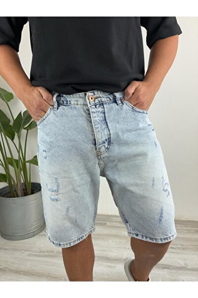 LudoWear Light Blue Fit Lycra-Free Jean Denim Shorts with Acid Washed Laser Cut