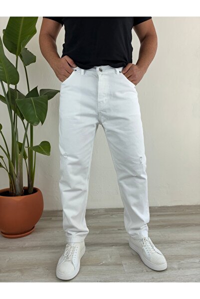 LudoWear بنطلون جينز أبيض بتفاصيل ممزقة