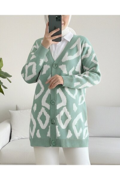 Modamorfo Buttoned Patterned V-Neck Sweater Cardigan -Mint