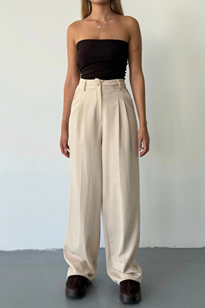 BEJNA Γυναικείο παντελόνι Palazzo με λεπτομέρεια μπεζ με πλισέ