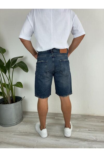 LudoWear Washed Blue Fit Lycra-Free Jean Denim Shorts with Ripped Pocket Detail