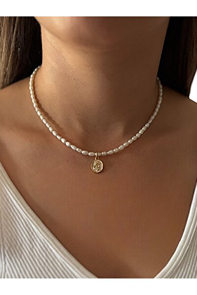 By Saadet Özkanlı Kadın Minimal 3mm Gerçek Kültür Incili Gül Çiçek Detaylı Tatlısu Inci Kolye