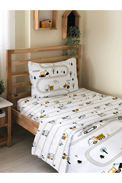 Evmila İş Makineli Ve Yol Desenli Baskılı Çocuk Ve Tek Kişilik Nevresim Takımı - Çarşafsız