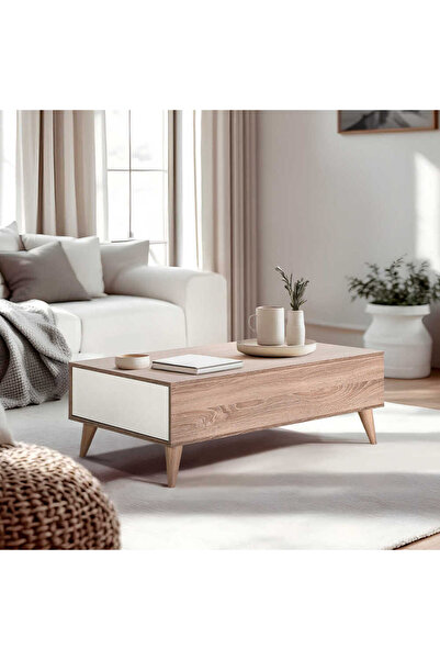 Adore Mobilya Dikdörtgen Çekmeceli Orta Sehpa-Latte-Lake Beyaz 110x40x65 cm (...