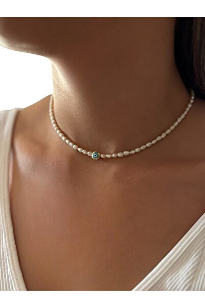 By Saadet Özkanlı Kadın Doğal Arpa Kum Inci Turkuaz Nazar Boncuklu Kolye( Gerçek Inci Tatlısu Incisi ) 38 Cm Choker