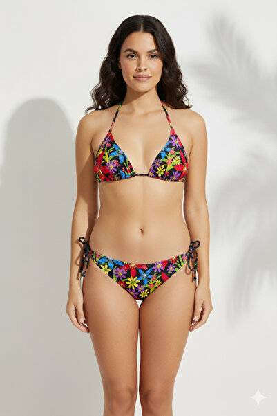 FUNELLA Likralı Siyah Kırmızı Çiçek Desenli Üçgen Şık Kadın Bikini Takımı