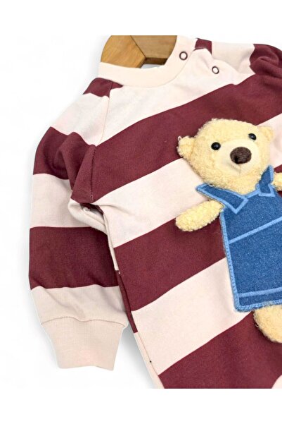 voyyo kids baby Striped Bottom Snap Fastener 3-12 Months Baby Rompers with Teddy Bear Accessories 100% Cotton