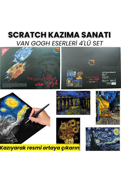 minyaturia Scratching Drawing Set |   Van Gogh Works - 4 Pieces |   Hobby Set, Includes Painting and Pen