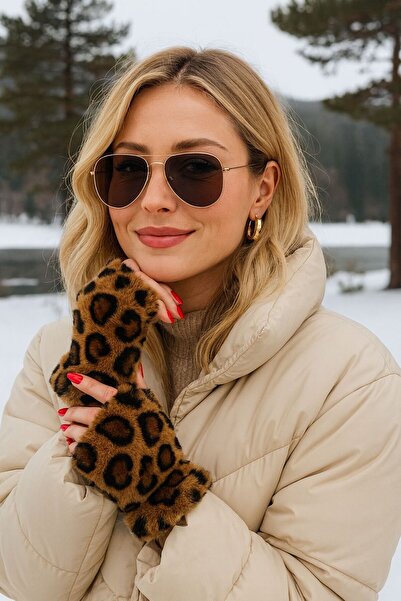 Axesoire 16043 Leopar Desen Peluş Vizon Kesik Eldiven