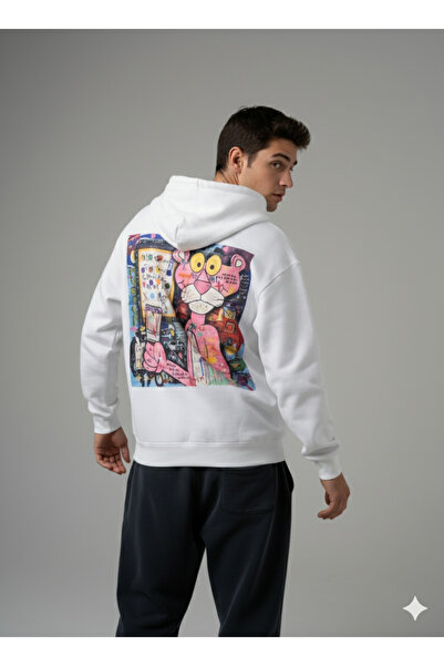 By Caspita Fashion هودي أبيض كبير الحجم للجنسين مطبوع عليه ظهر النمر الوردي م...