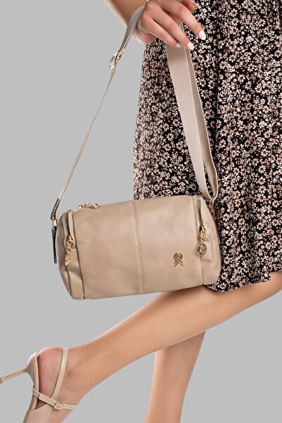 Cochines Women's Beige Mink Leather Cylinder Lined Petal Adjustable Column Strap Cross Shoulder Bag