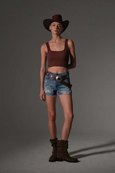 Maule Kadın Mini Jean Şort, Yüksek Bel, Fermuarlı, 5 cep %100 pamuk Denim Kot @Potenza