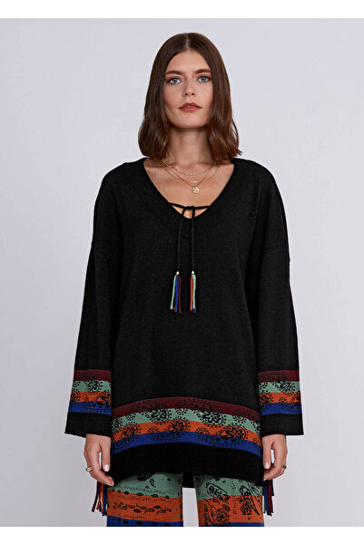 Knitss Kaşmir Yün Karışımlı V Yaka Siyah Triko Tunik