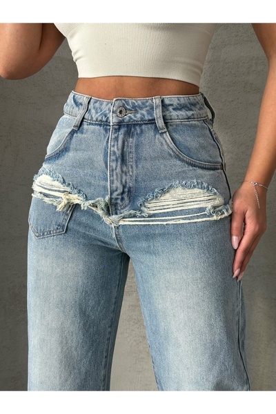 ADAMODA.RO Blugi wide leg cu abraziuni în față, în zona buzunarelor