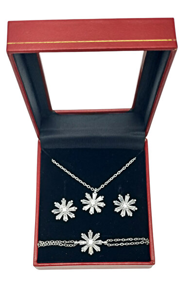 Bijuty Kadın Çiçek Kolye - Küpe - Bileklik Set - Çelik Zincir - (SÜRPRİZ HEDİYELİ)