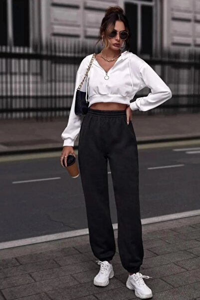 KaSheHa Siyah Ekstra Yüksek Bel Scuba Kumaş Jogger Eşofman Altı