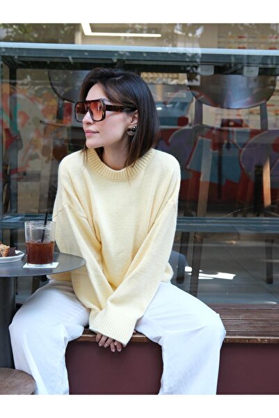 Butik Una Fiaba-Galben simplu pentru femei guler rotund supradimensionat Pulo...