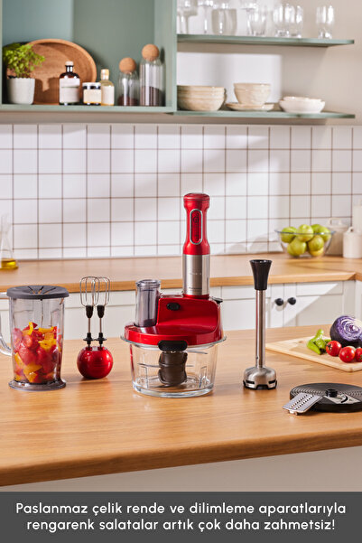 Karaca Mastermaid Prosteel Cam Mutfak Robotu Uzun Blender Ayaklı 6 Bıçaklı 2500 W Imperial Red