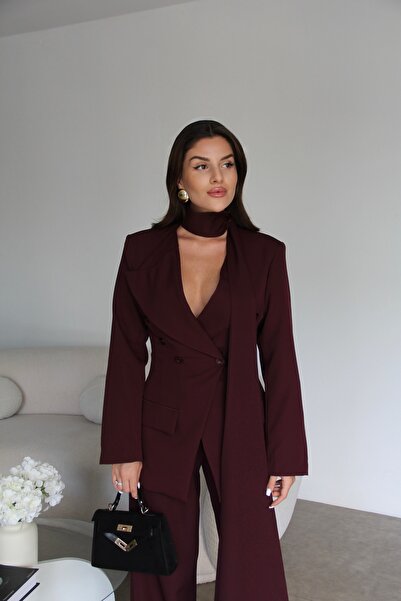 Julidress Plum Shawl Double-Breasted Jacket and Palazzo Pants Premium Design Set