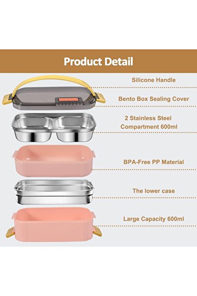 fulina Bento Lunch Box for Adults & Kids, Reusable Stainless Steel Handheld Portable 2 Layers Meal Box, 120
