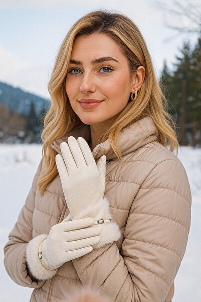 Axesoire 16029-1 Kürklü Kemerli Dokunmatik Bej Eldiven