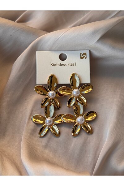 HERCY 316 L Paslanmaz Çelik Büyük Boy Çiçek Küpe | Gold Abiye Küpe