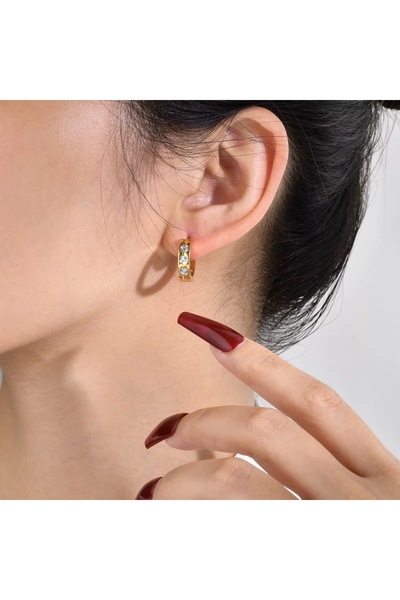 Siya Silver Kararmaz Çelik Sıralı Zirkon Taşlı Minimal Halka Küpe-14 mm