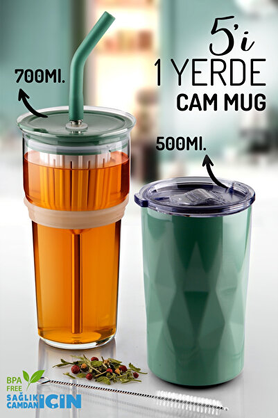 Nandy Home 5-in-1 Mug & Thermos Water Bottle with Straw – 700 ml / 500 ml – Multi-Purpose for Hot and Cold Drinks