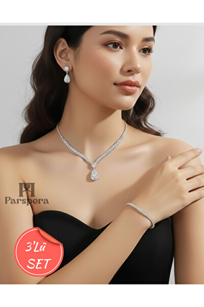 Parspera Gümüş Kaplama Zirkon Derin Şık Damla Taşlı Kolye, Küpe Ve Bileklik Seti 3'lü Set Davet Düğün Nişan