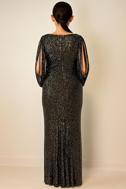 KIBRA DESİGN Siyah Payetli V Yaka Yırtmaçlı Uzun Abiye Elbise – Kol Detaylı, Özel Gün ve Gece Daveti