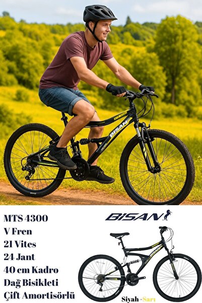 Bisan Mts 4300 V Fren 21 Vites 24 Jant Dağ Bisikleti Çift Amortisörlü Siyah Sarı 40 Kadro
