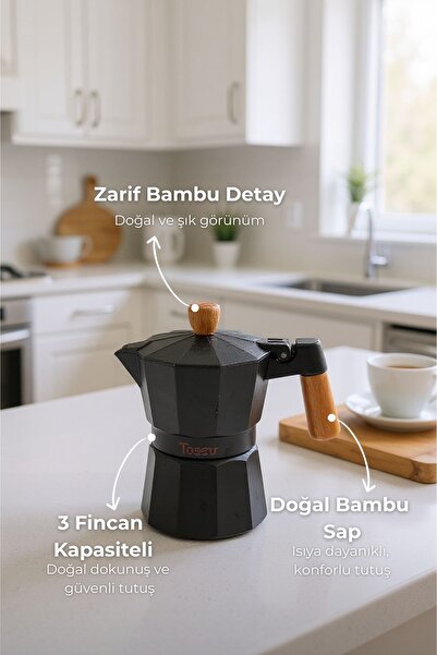 Taşev Bambum Garen Moka Pot 3 Fincan Siyah