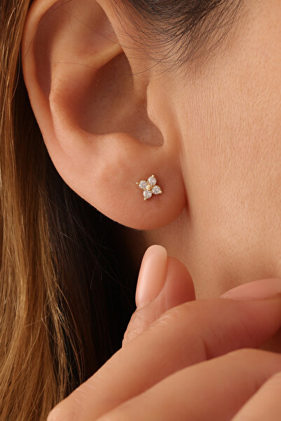 GENORO JEWEL 14 Ayar Altın Minimal Dört Zirkon Taşlı Çiçek Küpe