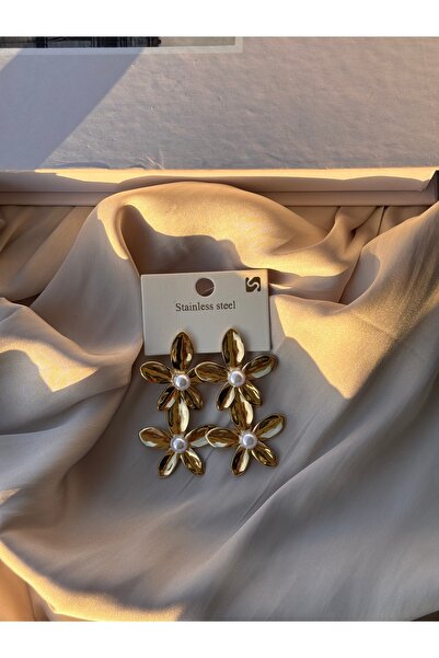 HERCY 316 L Paslanmaz Çelik Büyük Boy Çiçek Küpe | Gold Abiye Küpe