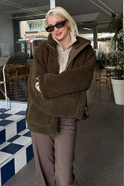 Madmext Haki Cepli Kadın Peluş Mont Mg2530