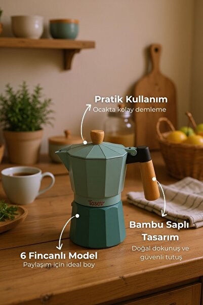 Taşev Bambum Garen Moka Pot 6 Fincan Su Yeşili