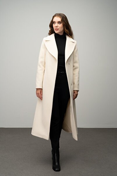 Olcay Exclusive Coat ECRU 3057 - Snap Closure and Waist Tie