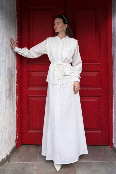 ZÜLAYS Cepli Viscon Keten Takım Beyaz