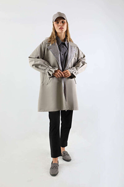 ZÜLAYS Yakası Desenli Midi Trençkot Gri