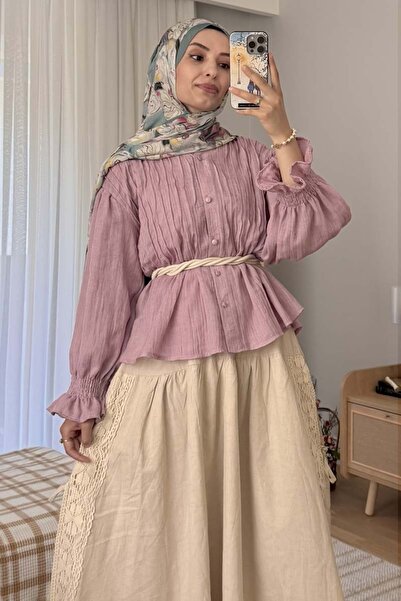 ZÜLAYS Nervürlü Vual Gömlek Pudra