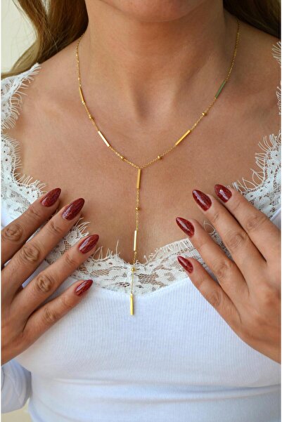 Sacce Scarves&Accessories Çelik Uzun Zincir Kolye İnce Çubuk ve Topçuklu Deko...