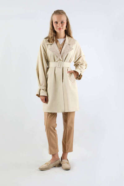 ZÜLAYS Yakası Desenli Midi Trençkot Ekru