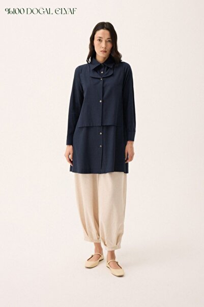 ZÜLAYS Çift Yaka Keten Gömlek Lacivert