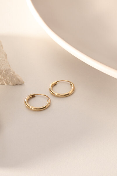 GENORO JEWEL 14 Ayar Altın Gizli Kilit Düz Minik Halka Küpe