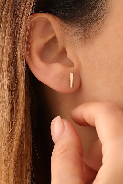 GENORO JEWEL 14 Ayar Altın Minimal İnce Dikdörtgen Küpe