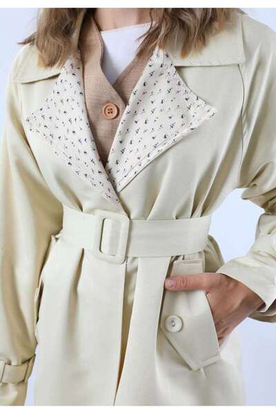 ZÜLAYS Yakası Desenli Midi Trençkot Ekru