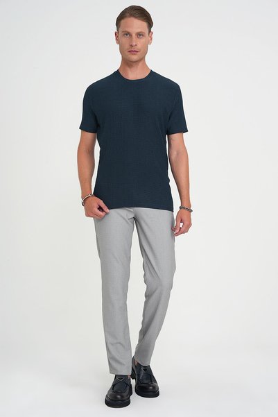 Efor Men's Comfort Fit Crew Neck Seersucker Cotton Fabric Petrol Blue T-Shirt Ts 911